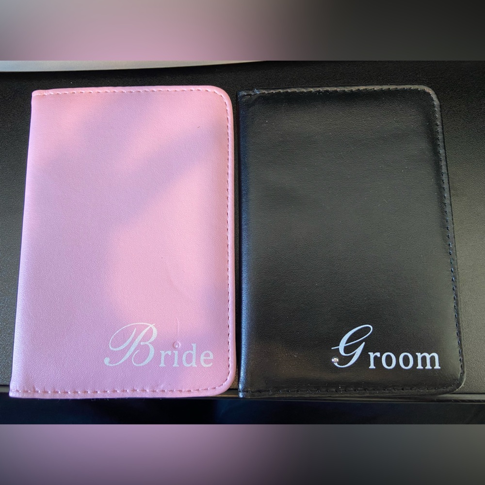 Bride & Groom Passport covers. (bride cover is missing the gem as pictured)